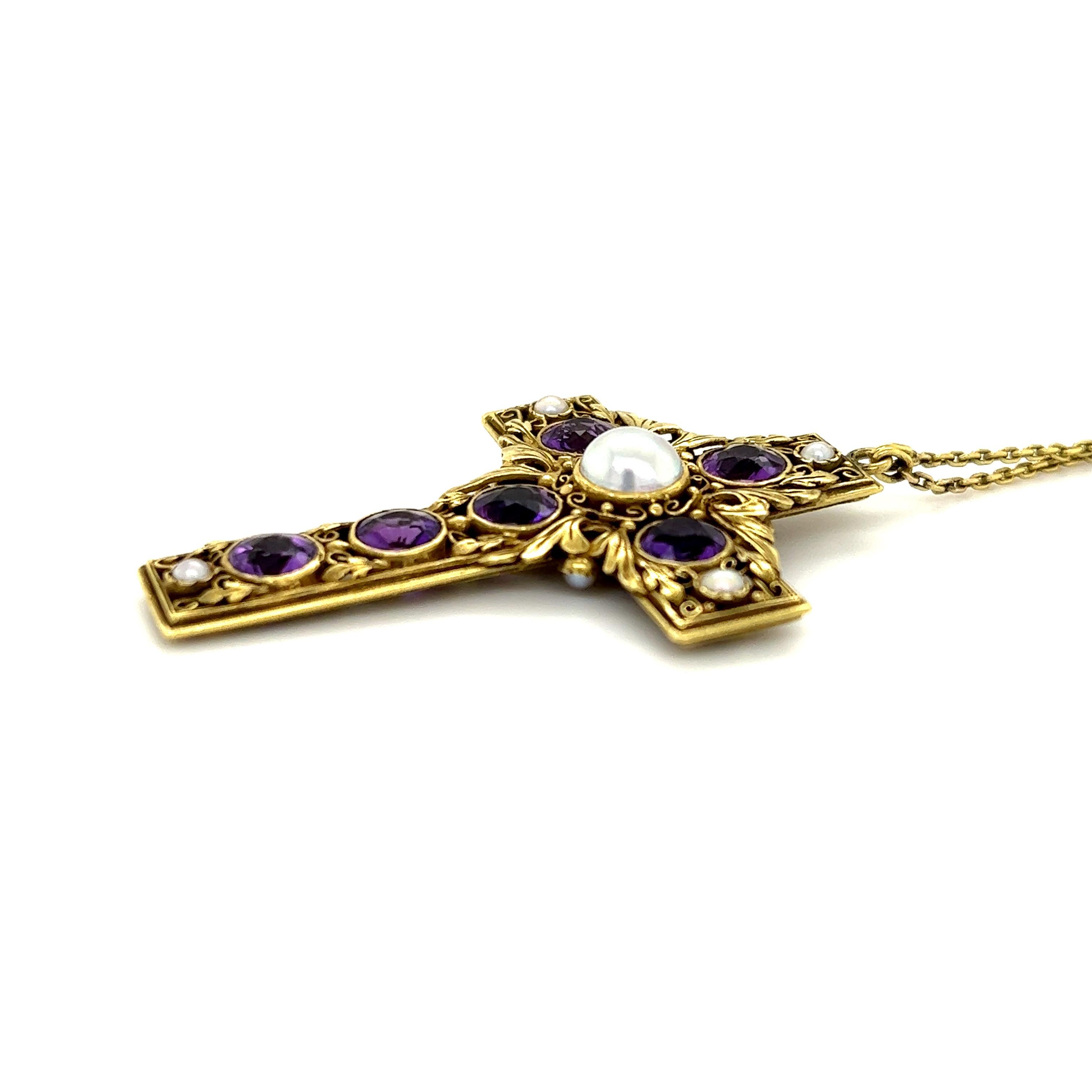 Victorian Amethyst & Natural Pearl Floral Cross Pendant & Chain Double Sided For Sale 2