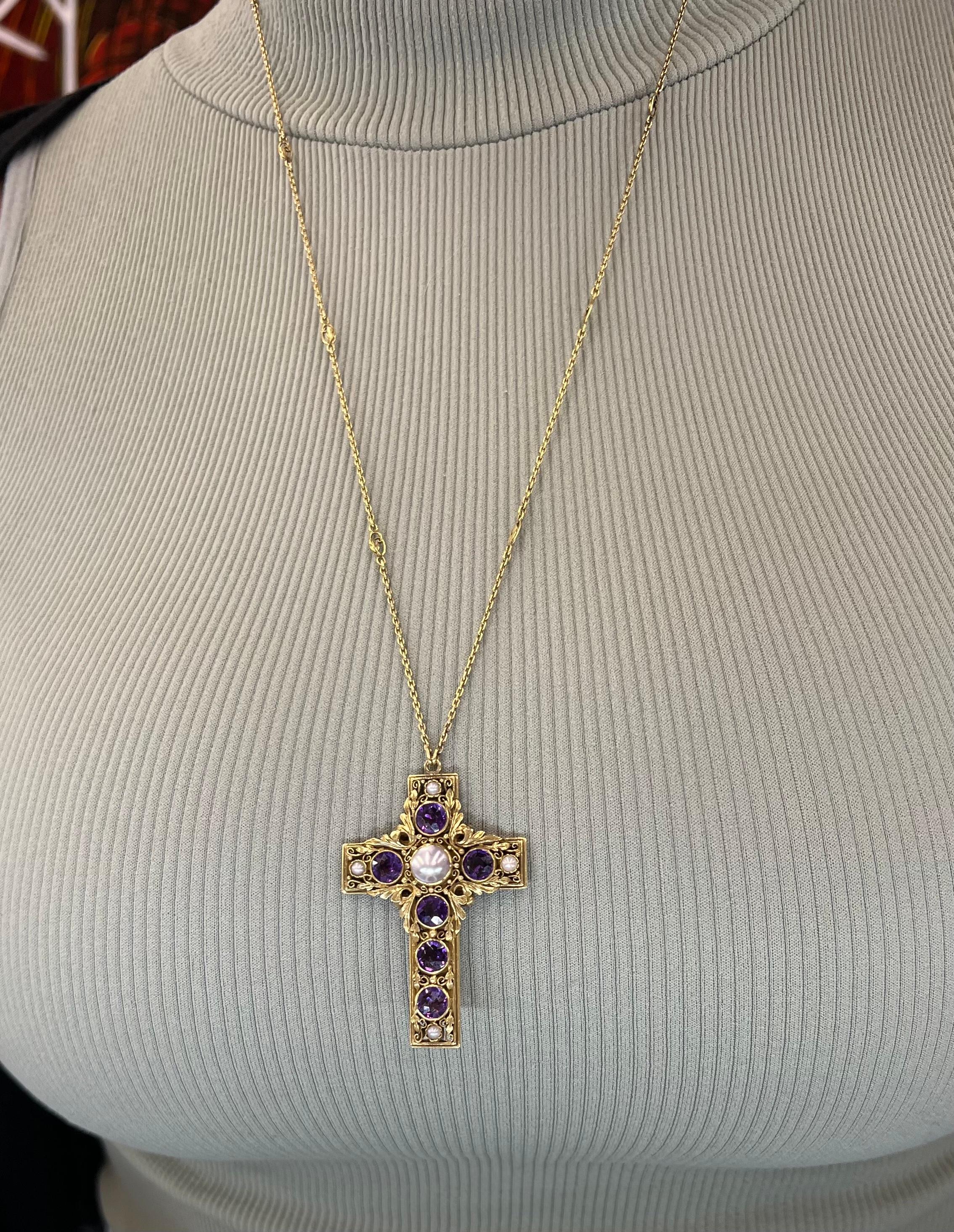 Victorian Amethyst & Natural Pearl Floral Cross Pendant & Chain Double Sided For Sale 3