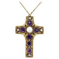 Antique Victorian Amethyst & Natural Pearl Floral Cross Pendant & Chain Double Sided