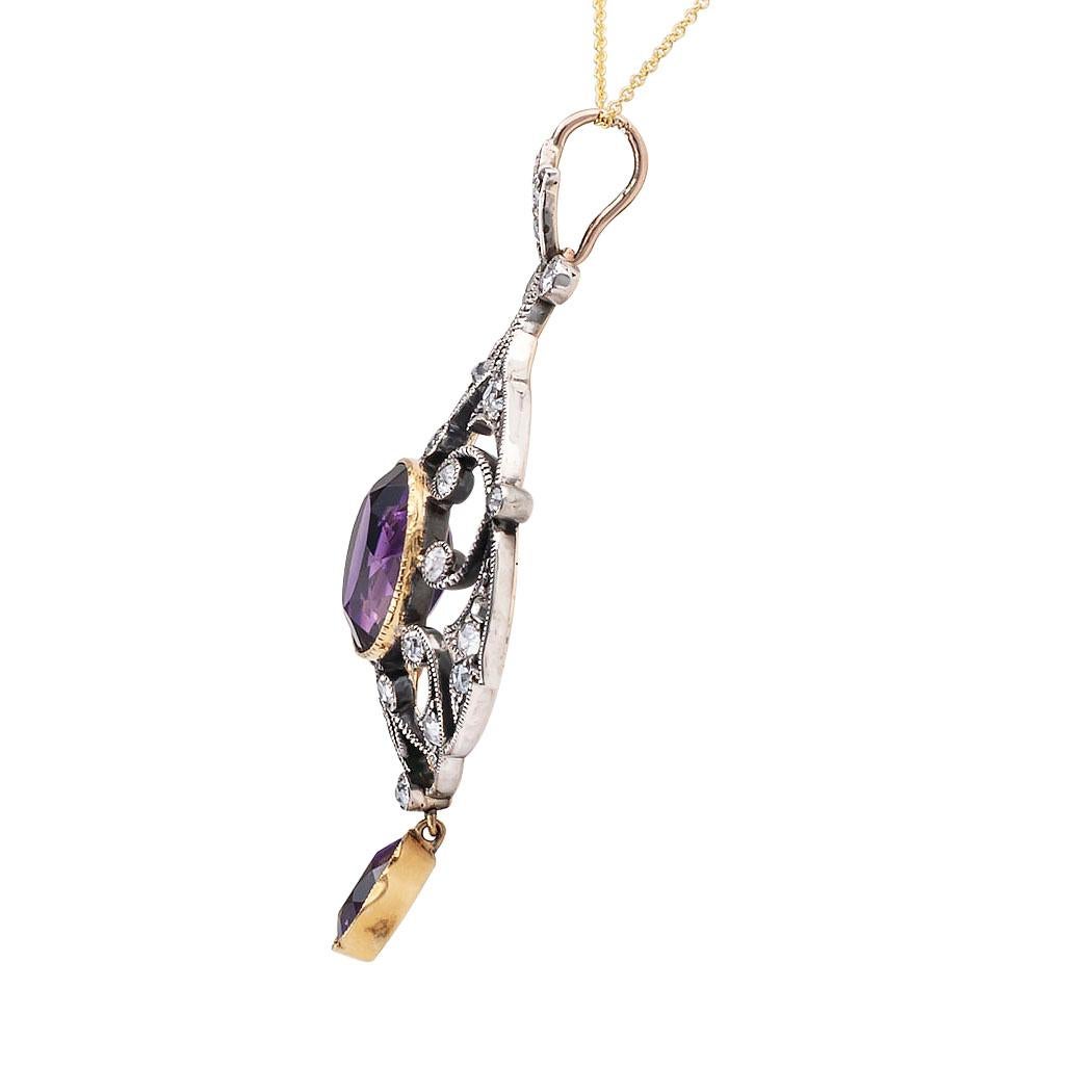 Victorian Amethyst Old Mine Cut Diamond Gold Silver Pendant In Good Condition In Los Angeles, CA