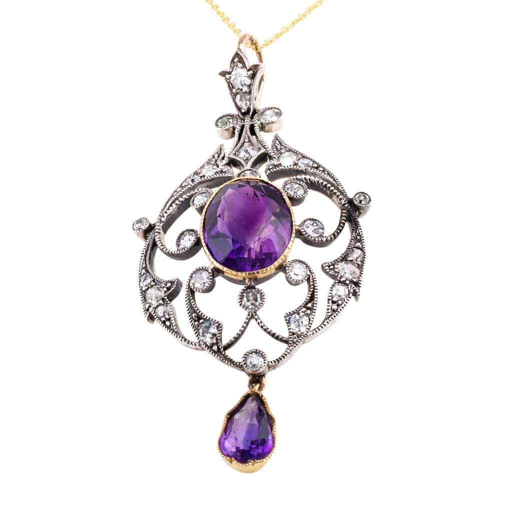 Victorian Amethyst Old Mine Cut Diamond Gold Silver Pendant 1