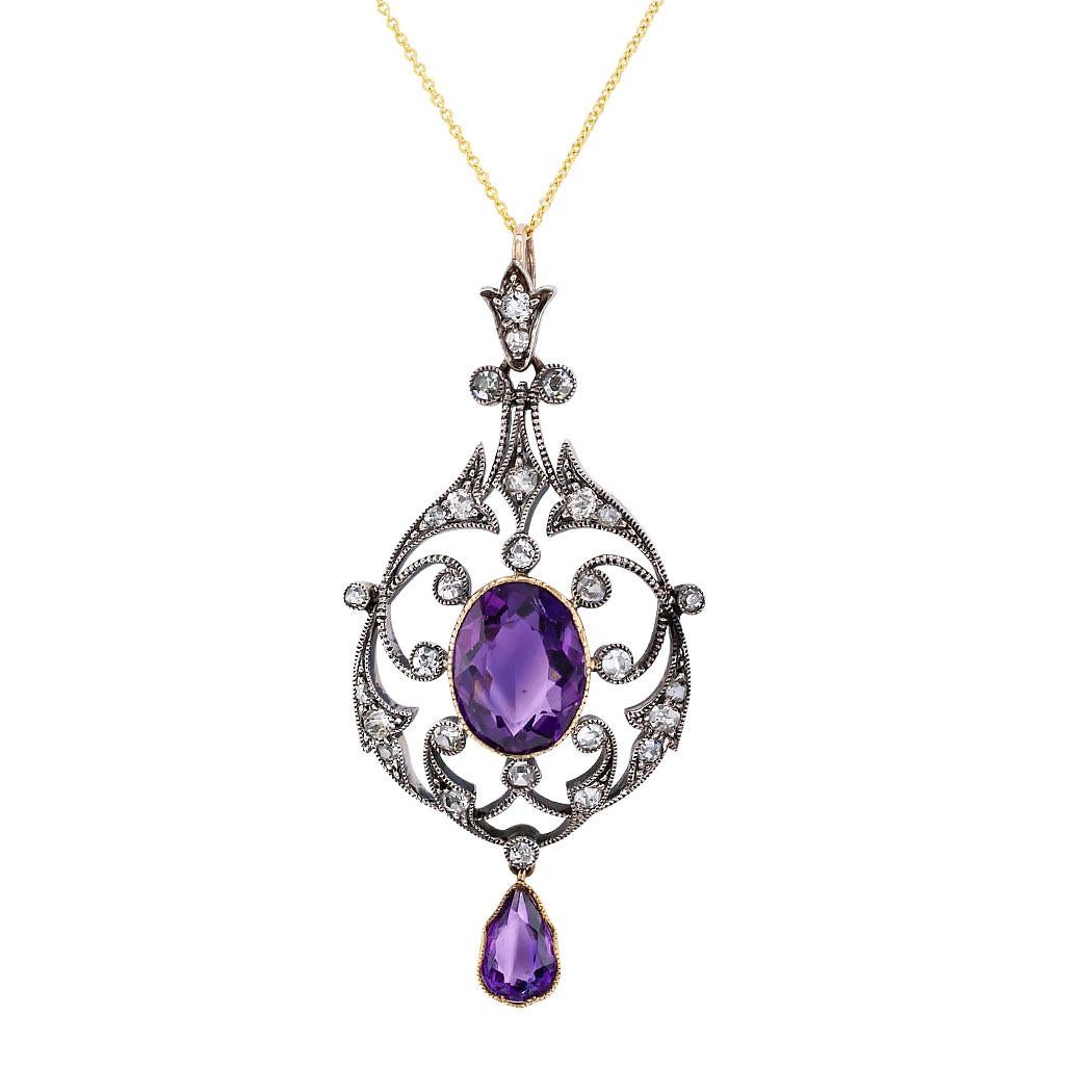 Victorian Amethyst Old Mine Cut Diamond Gold Silver Pendant