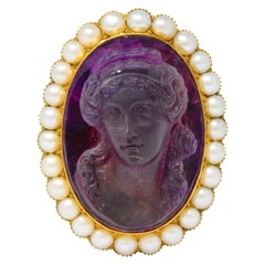 Victorian Amethyst Pearl 14 Karat Gold Cameo Cluster Pendant Brooch