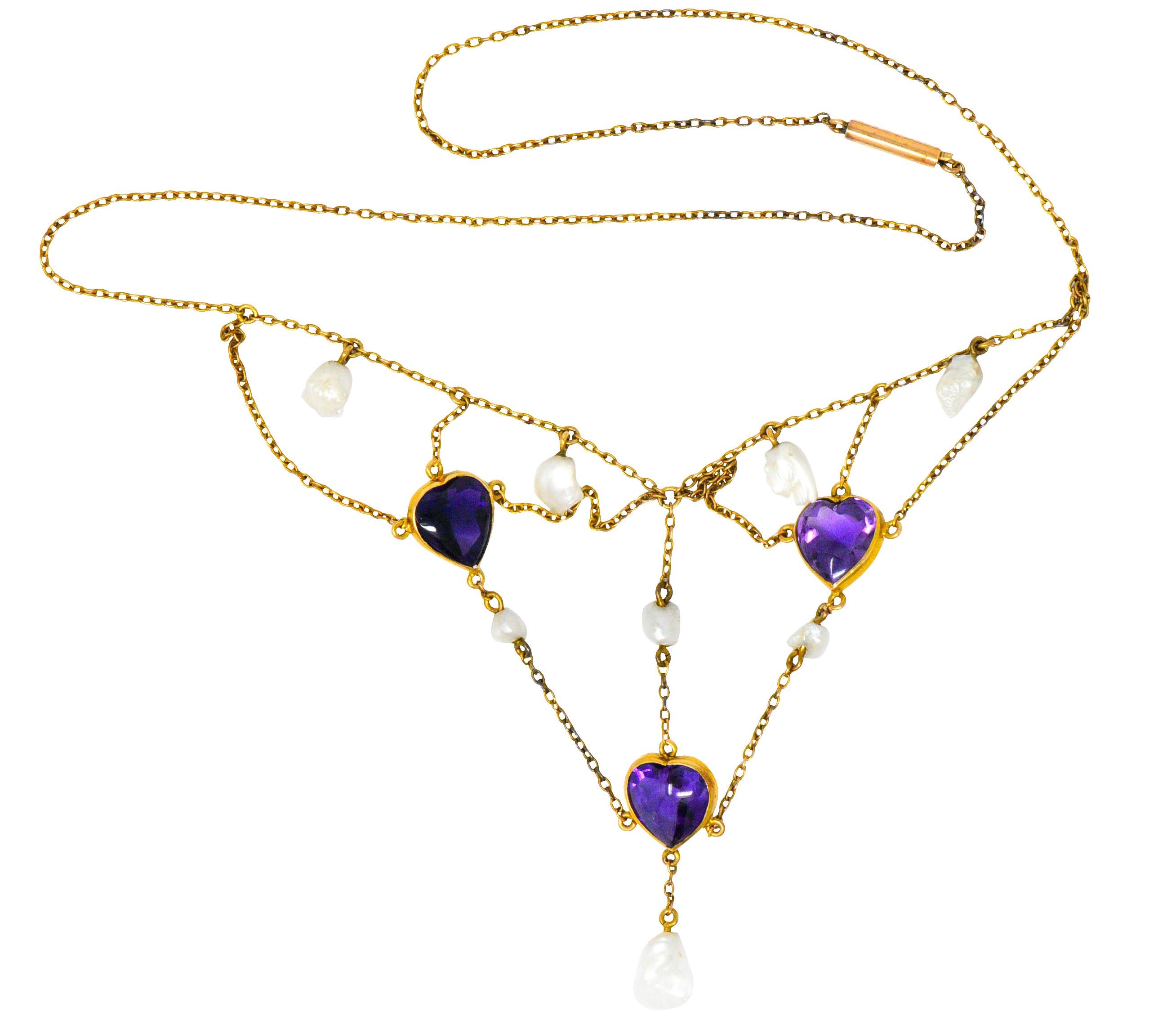 1880's Victorian Amethyst Pearl 14 Karat Gold Swag Necklace 2