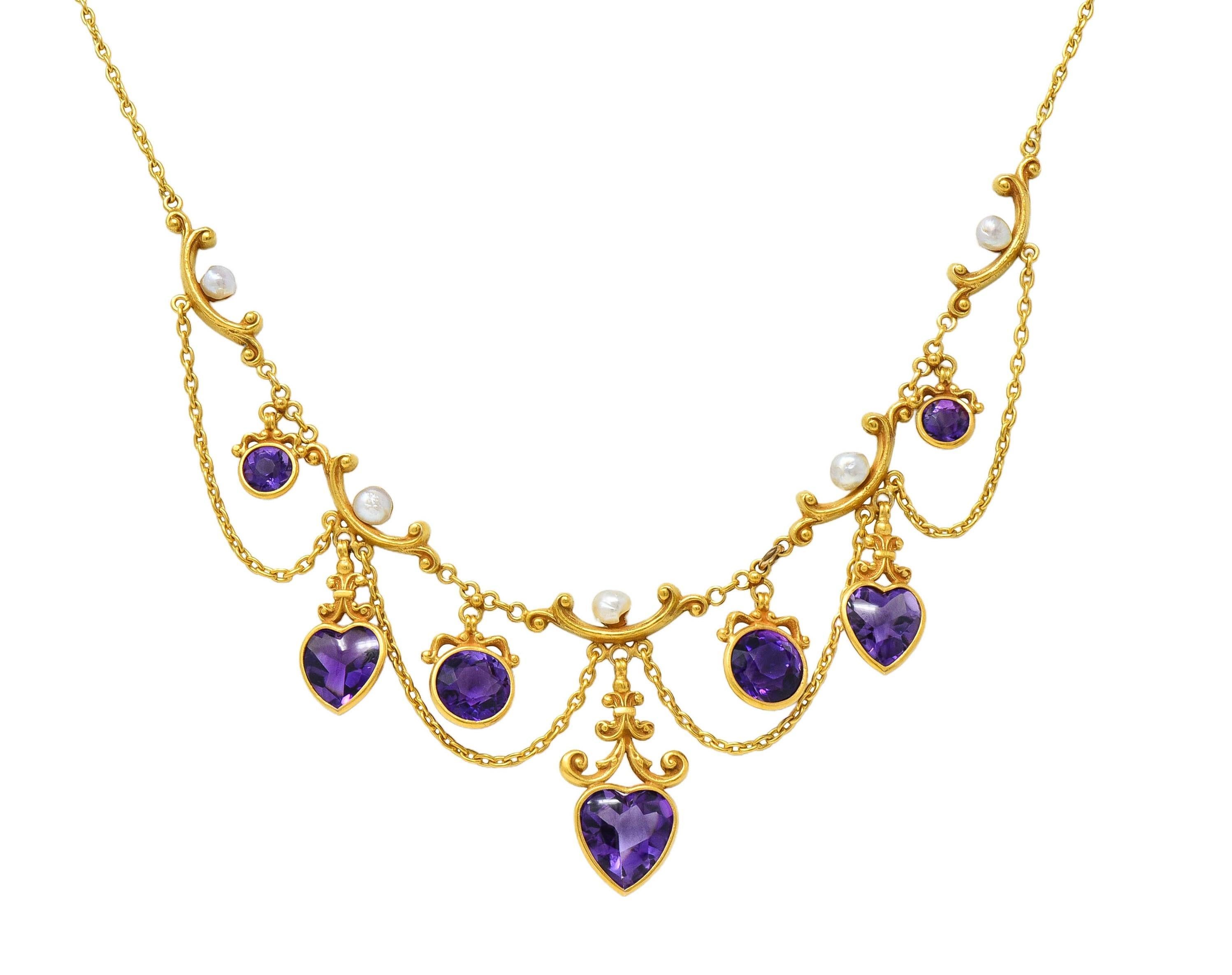 Victorian Amethyst Pearl 14 Karat Yellow Gold Antique Swagged Heart Necklace 5