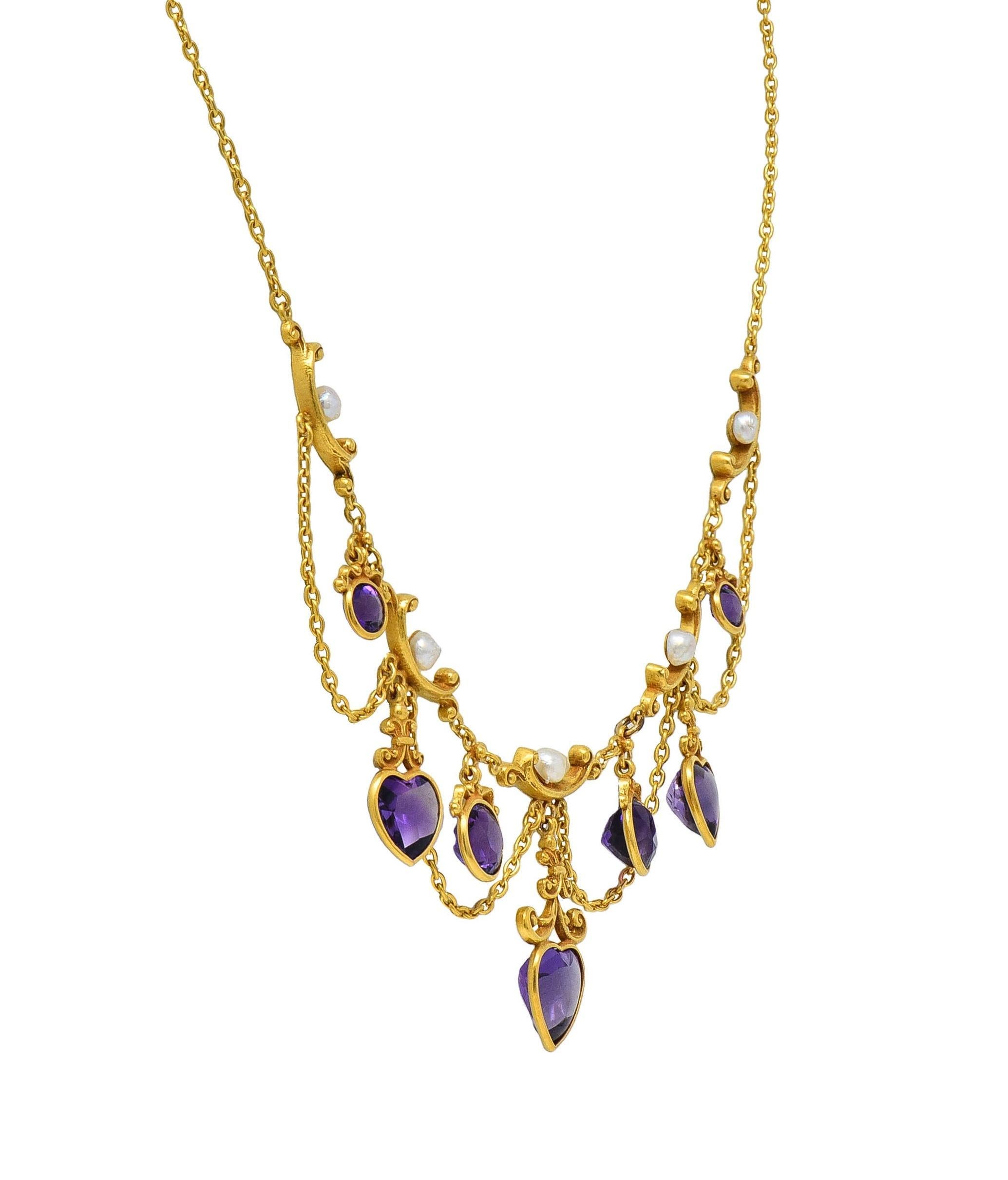 Women's Victorian Amethyst Pearl 14 Karat Yellow Gold Antique Swagged Heart Necklace
