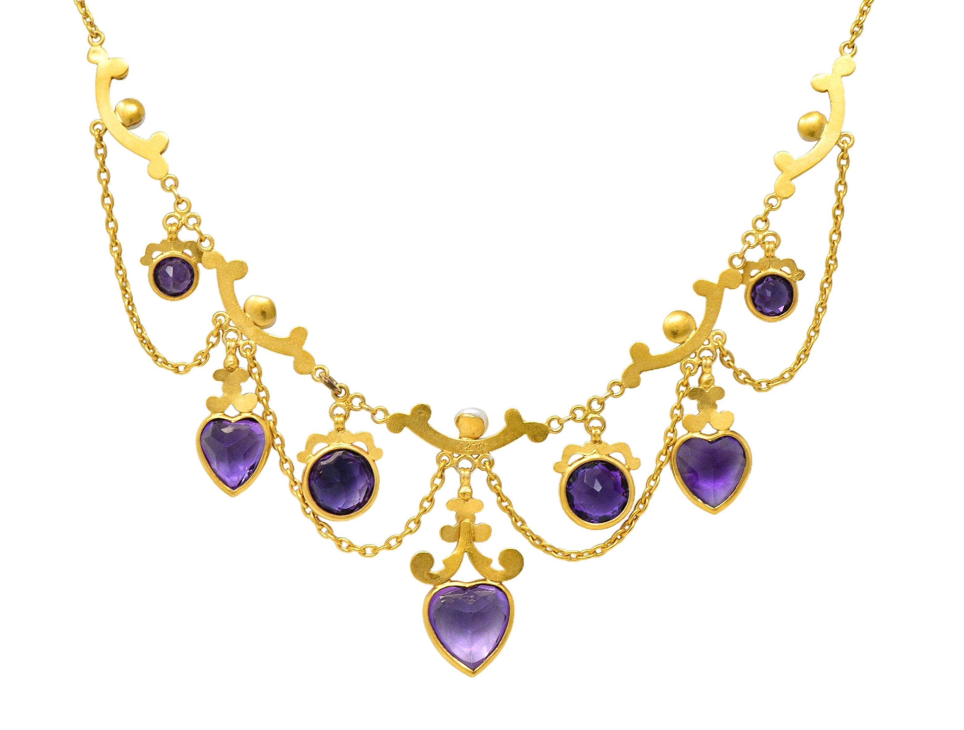 Victorian Amethyst Pearl 14 Karat Yellow Gold Antique Swagged Heart Necklace 4