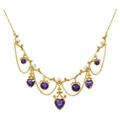 Victorian Amethyst Pearl 14 Karat Yellow Gold Antique Swagged Heart Necklace