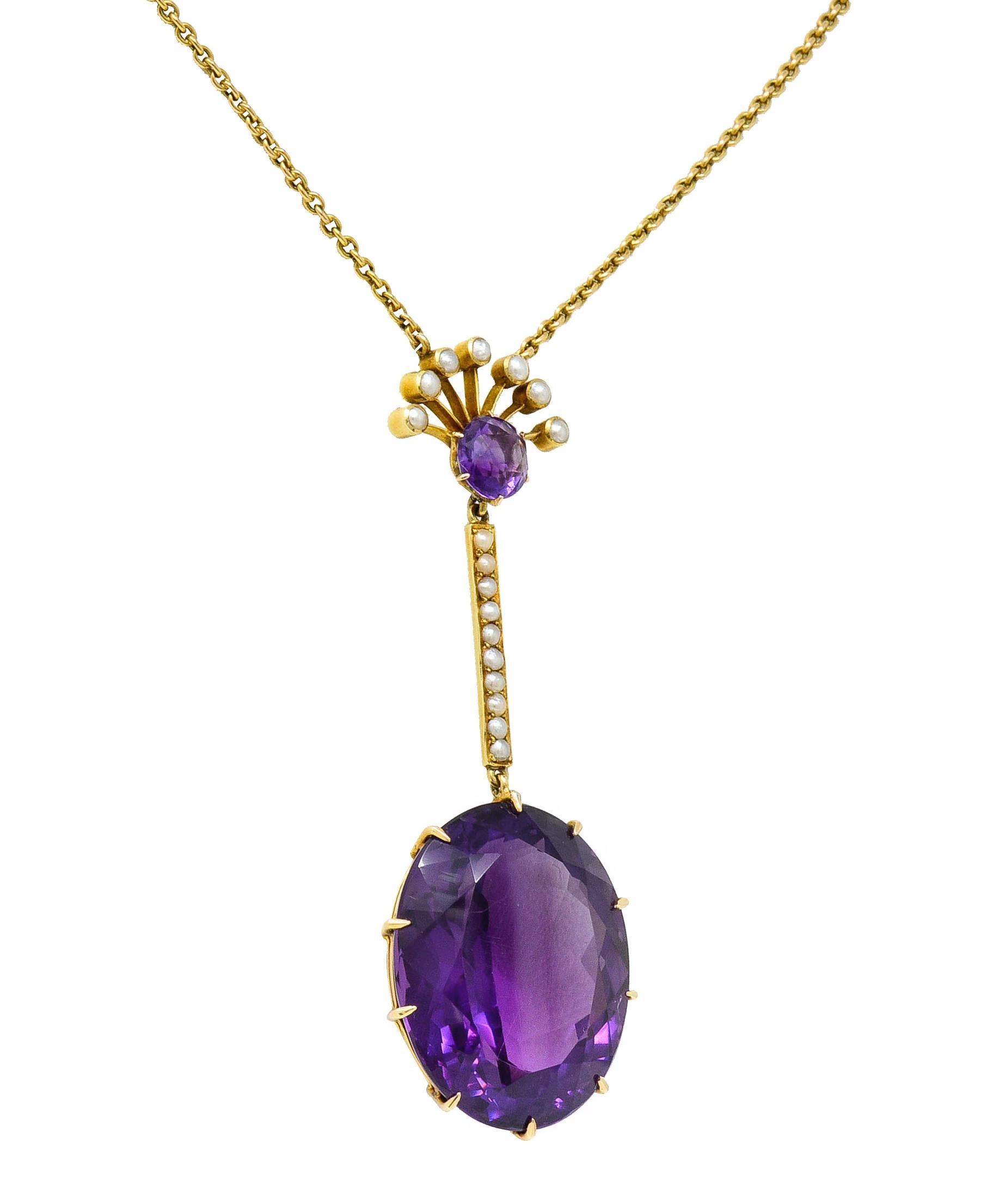 Round Cut Victorian Amethyst Pearl 18 Karat Gold Drop Necklace