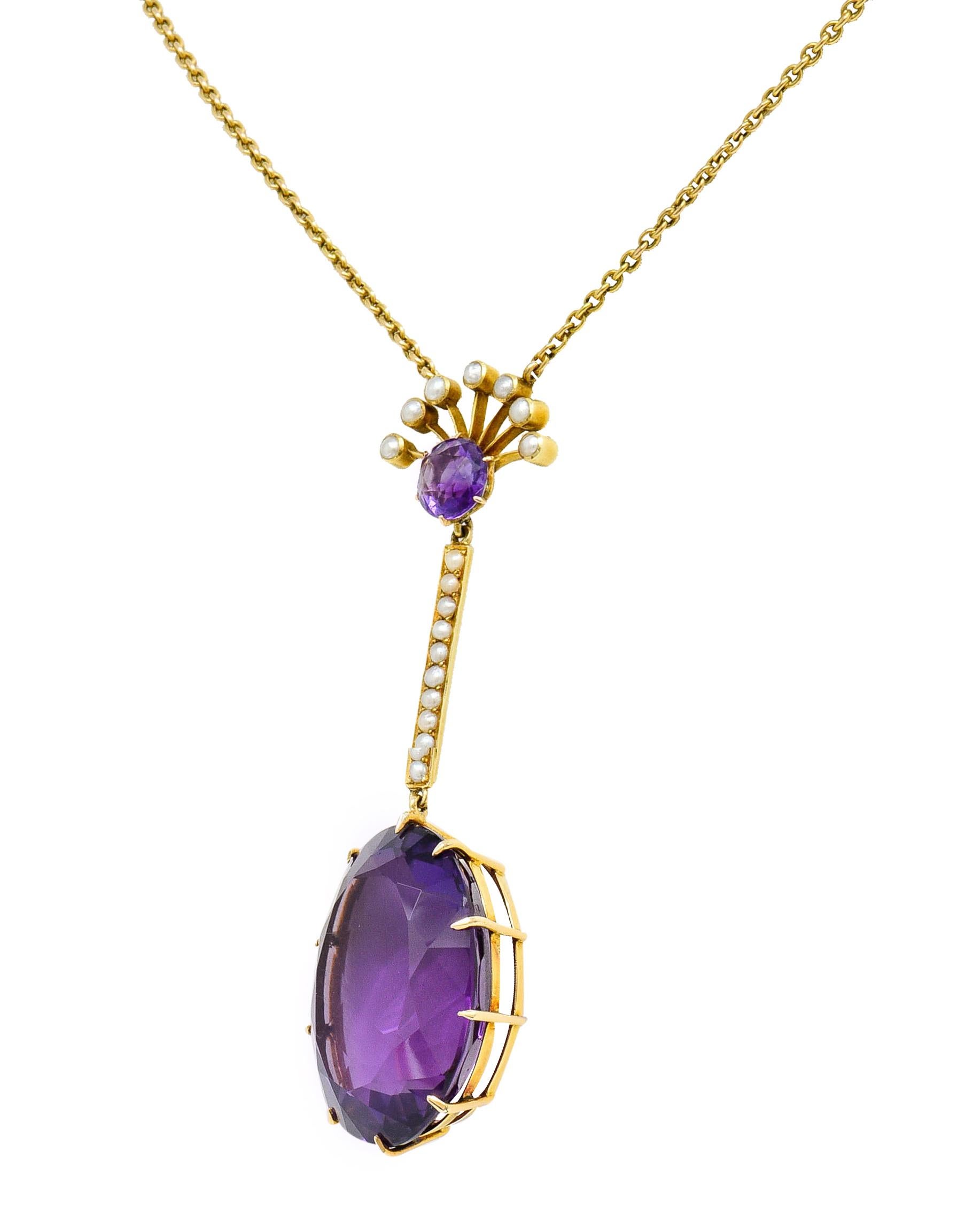 Women's or Men's Victorian Amethyst Pearl 18 Karat Gold Drop Necklace