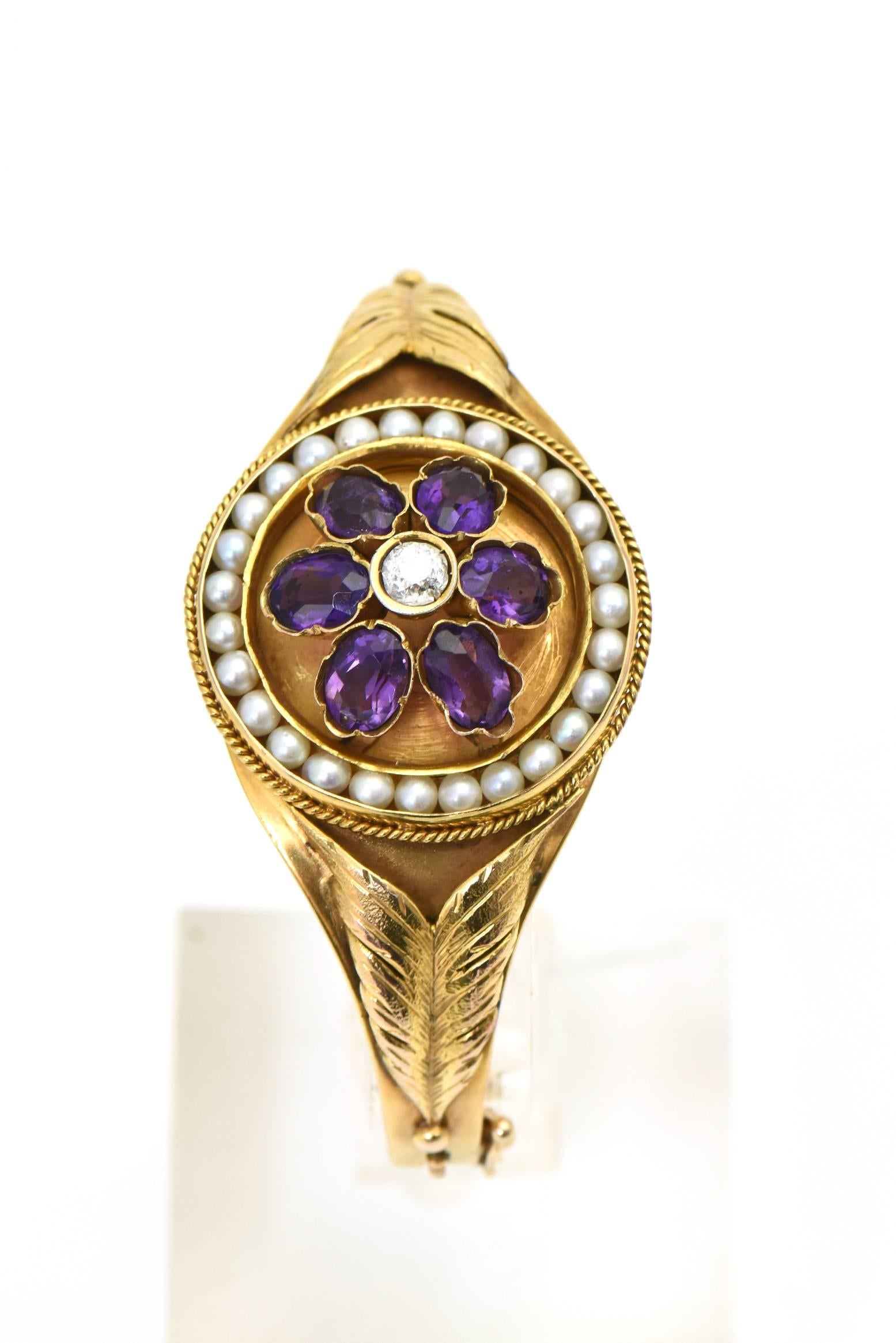 Victorian Amethyst, Pearl and Diamond Gold Floral Bangle Bracelet In Excellent Condition In Miami Beach, FL