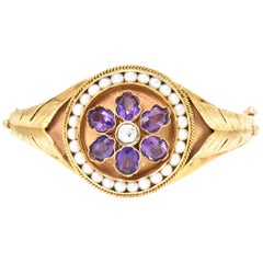 Antique Victorian Amethyst, Pearl and Diamond Gold Floral Bangle Bracelet