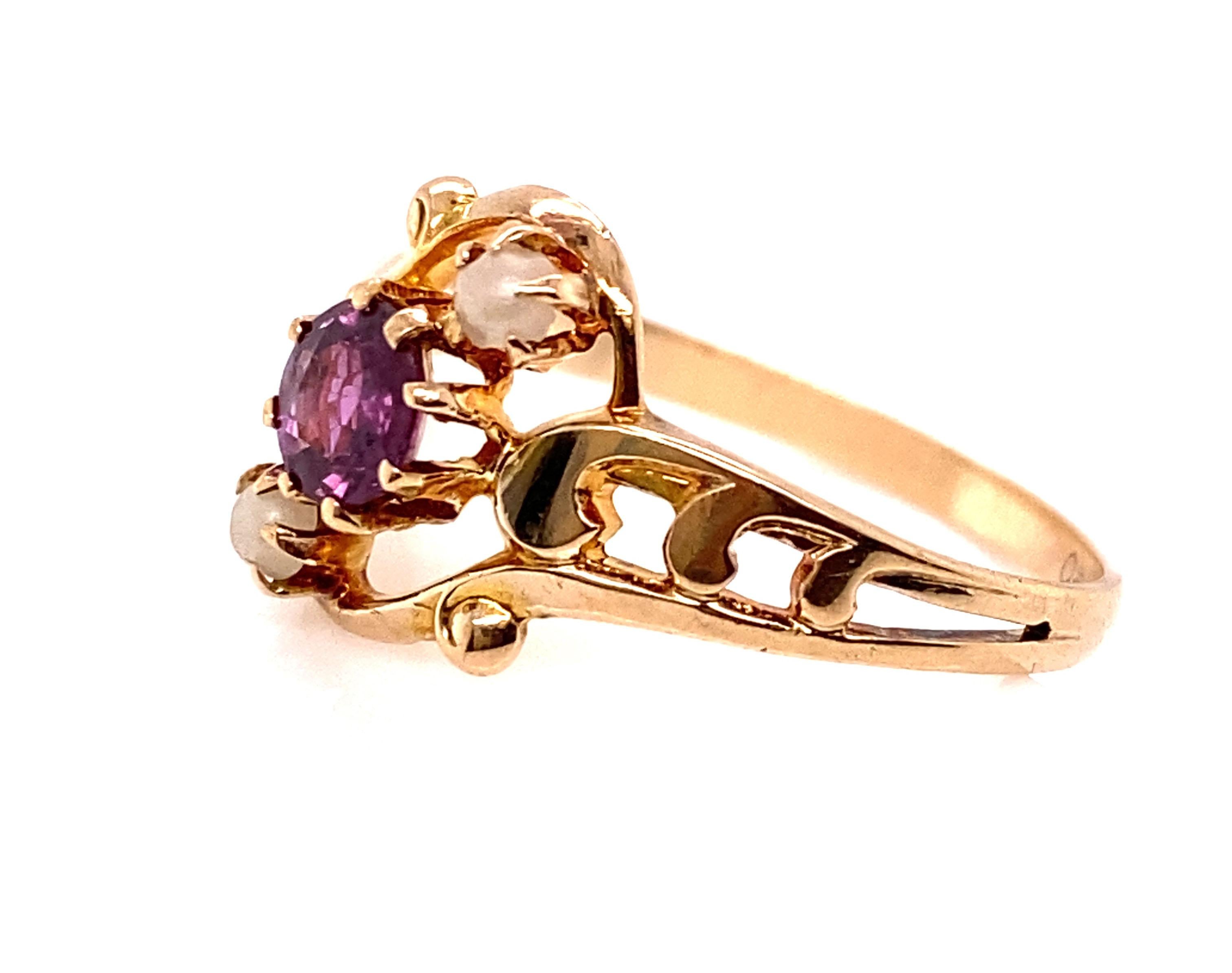 Round Cut Victorian Amethyst Ring with Pearls .40ct Original 1860's -1890's Antique 14K