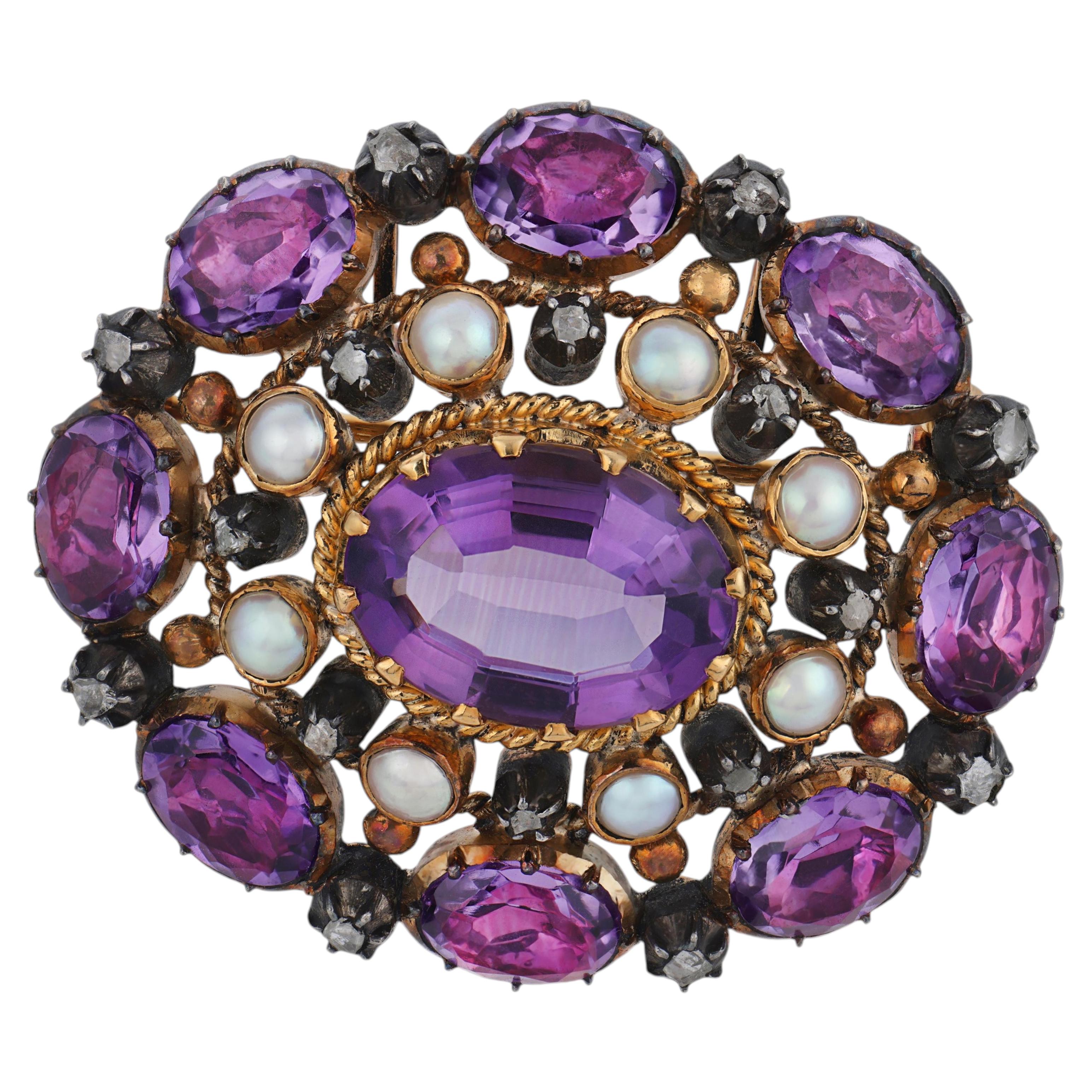 Victorian amethyst pearl diamond 18k yellow gold silver brooch pendant