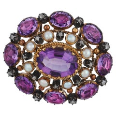 Victorian amethyst pearl diamond 18k yellow gold silver brooch pendant