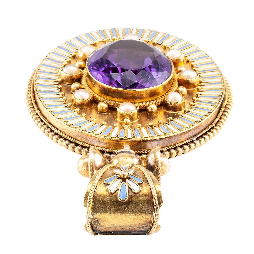 Victorian Amethyst Pearl Enamel Gold Pendant In Good Condition In Los Angeles, CA