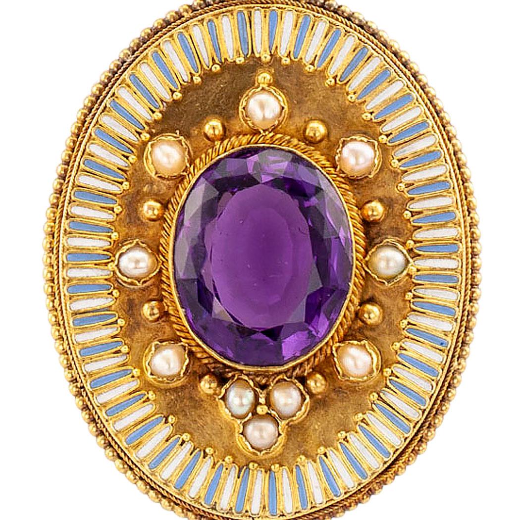 Victorian Amethyst Pearl Enamel Gold Pendant 1