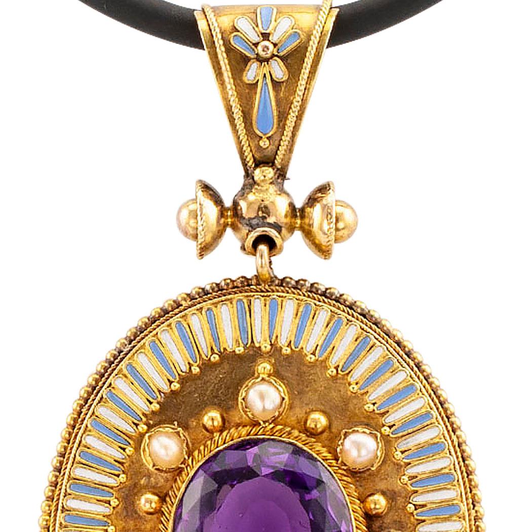 Victorian Amethyst Pearl Enamel Gold Pendant 2