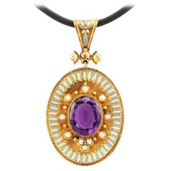 Victorian Amethyst Pearl Enamel Gold Pendant