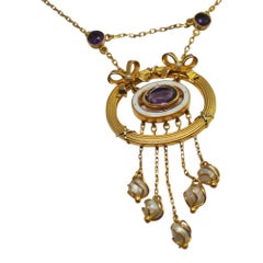 Victorian Amethyst Pearl Enamel Gold Pendant
