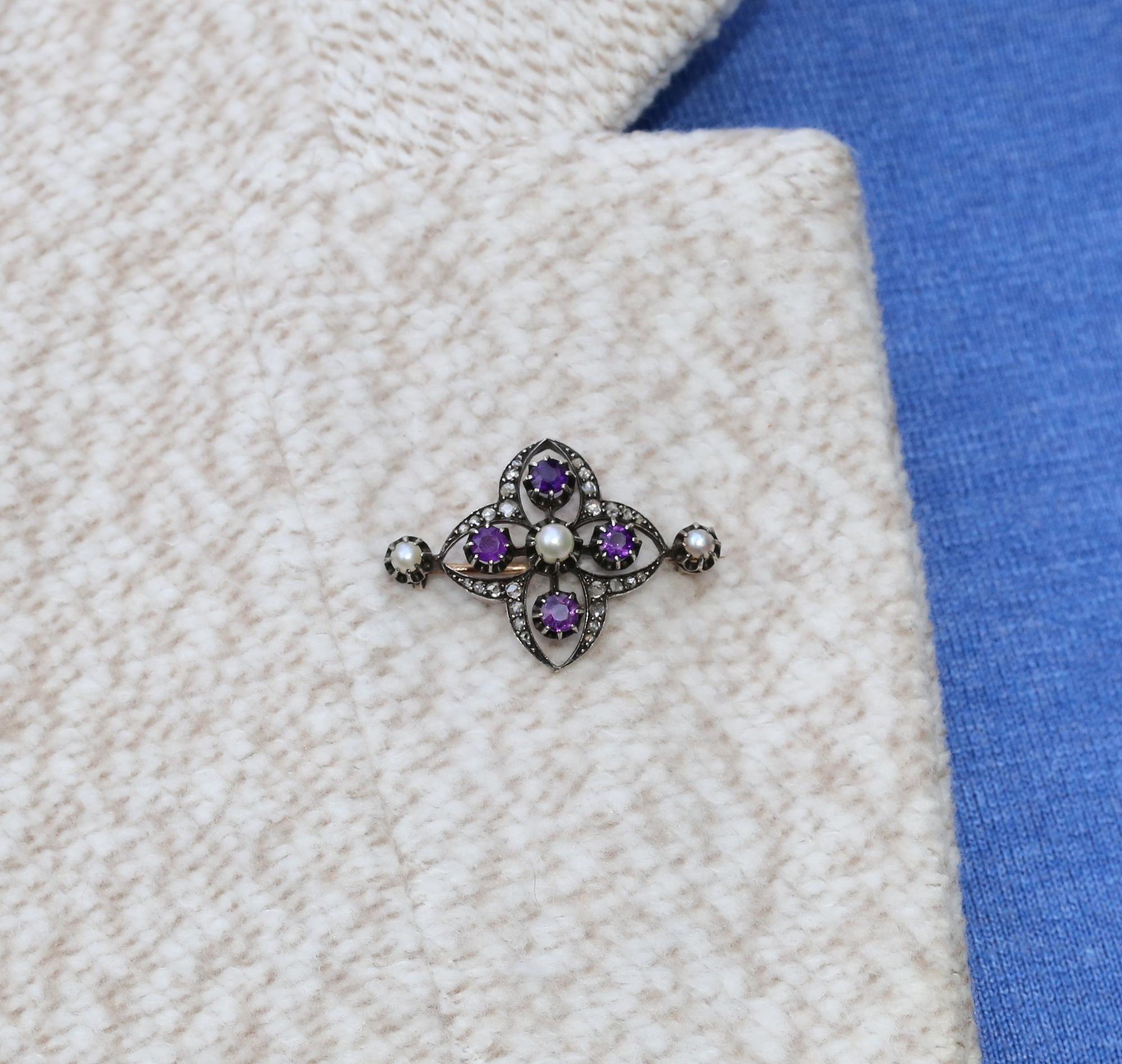 Victorian Amethyst Pearls Diamonds Silver Gold Brooch, 1900 1