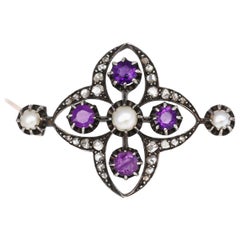 Victorian Amethyst Pearls Diamonds Silver Gold Brooch, 1900