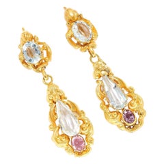 Antique Victorian Amethyst Pink Topaz 18 Karat Yellow Gold Dangling Earrings