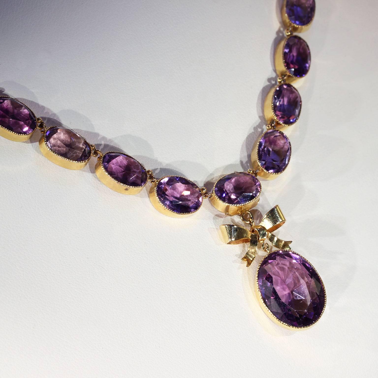 Oval Cut Victorian Amethyst Riviere Necklace Bow Drop For Sale