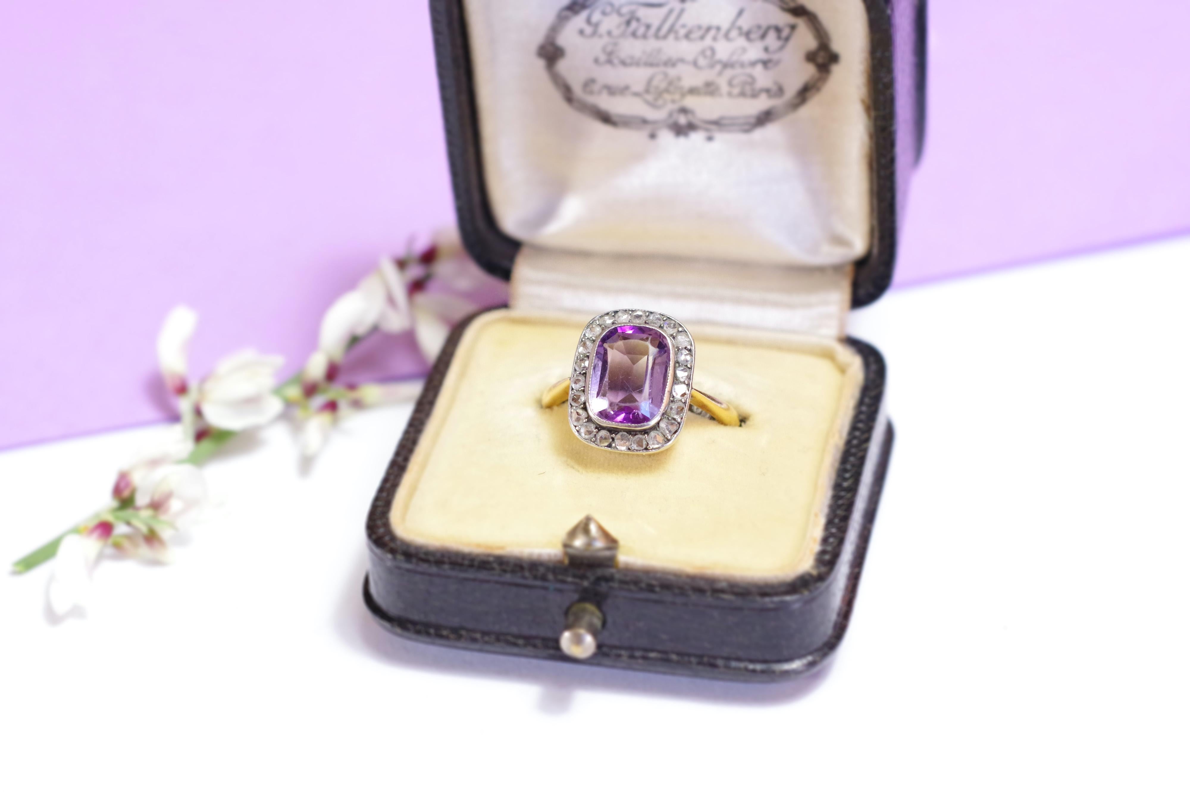 Victorian Amethyst Rose-Cut Diamond Ring, 18 Karat Yellow Gold and Silver For Sale 3