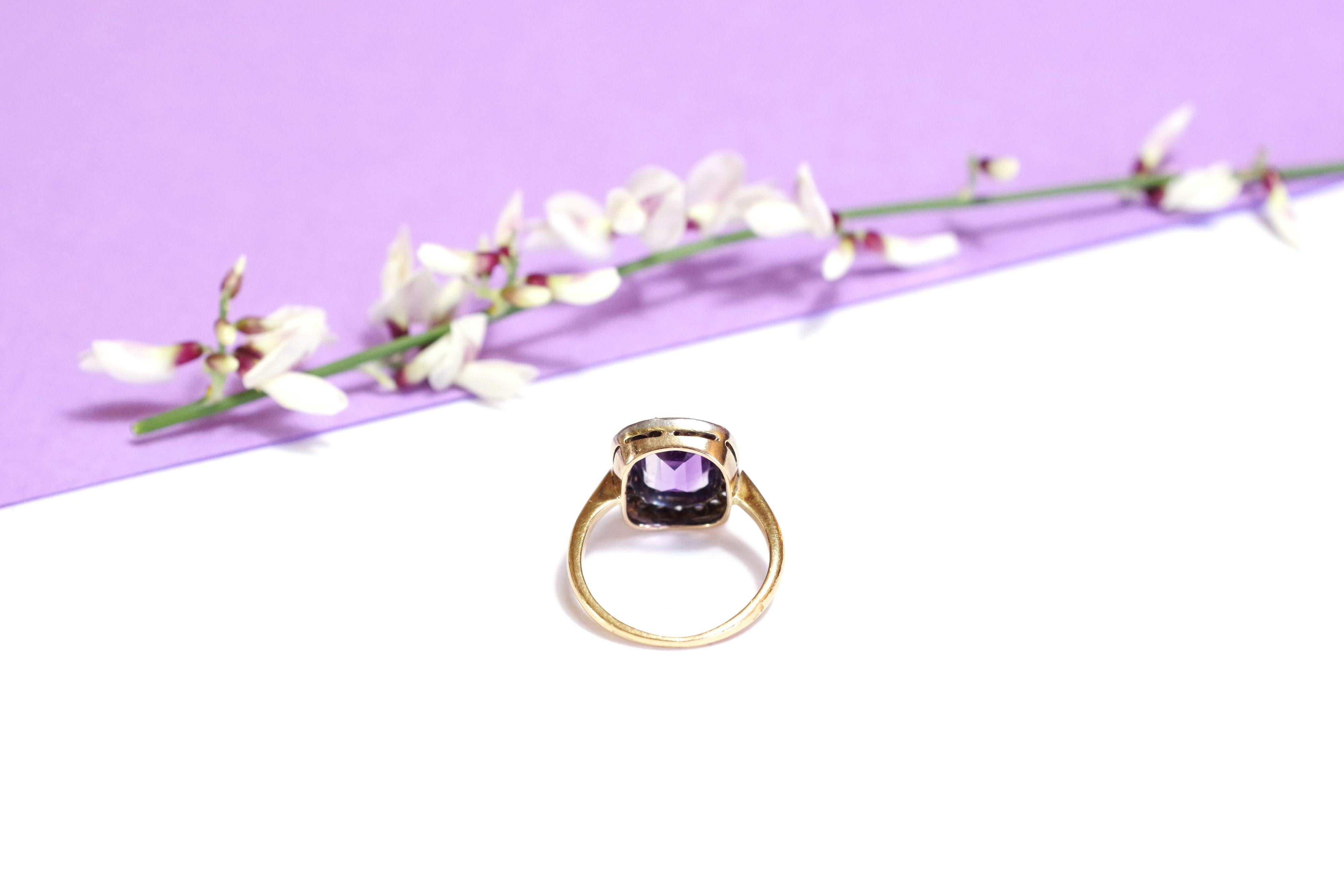 Belle Époque Victorian Amethyst Rose-Cut Diamond Ring, 18 Karat Yellow Gold and Silver For Sale