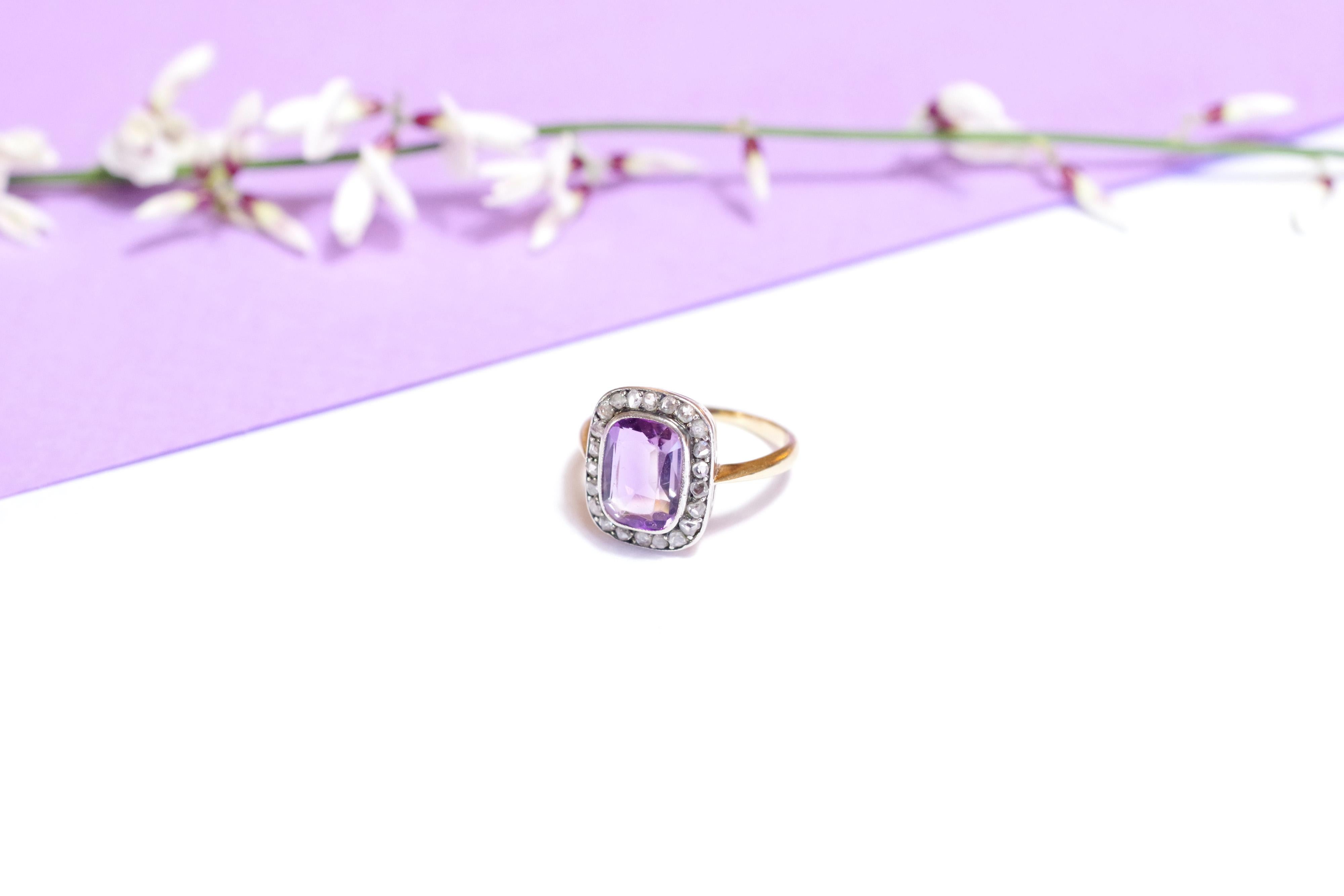Rose Cut Victorian Amethyst Rose-Cut Diamond Ring, 18 Karat Yellow Gold and Silver For Sale