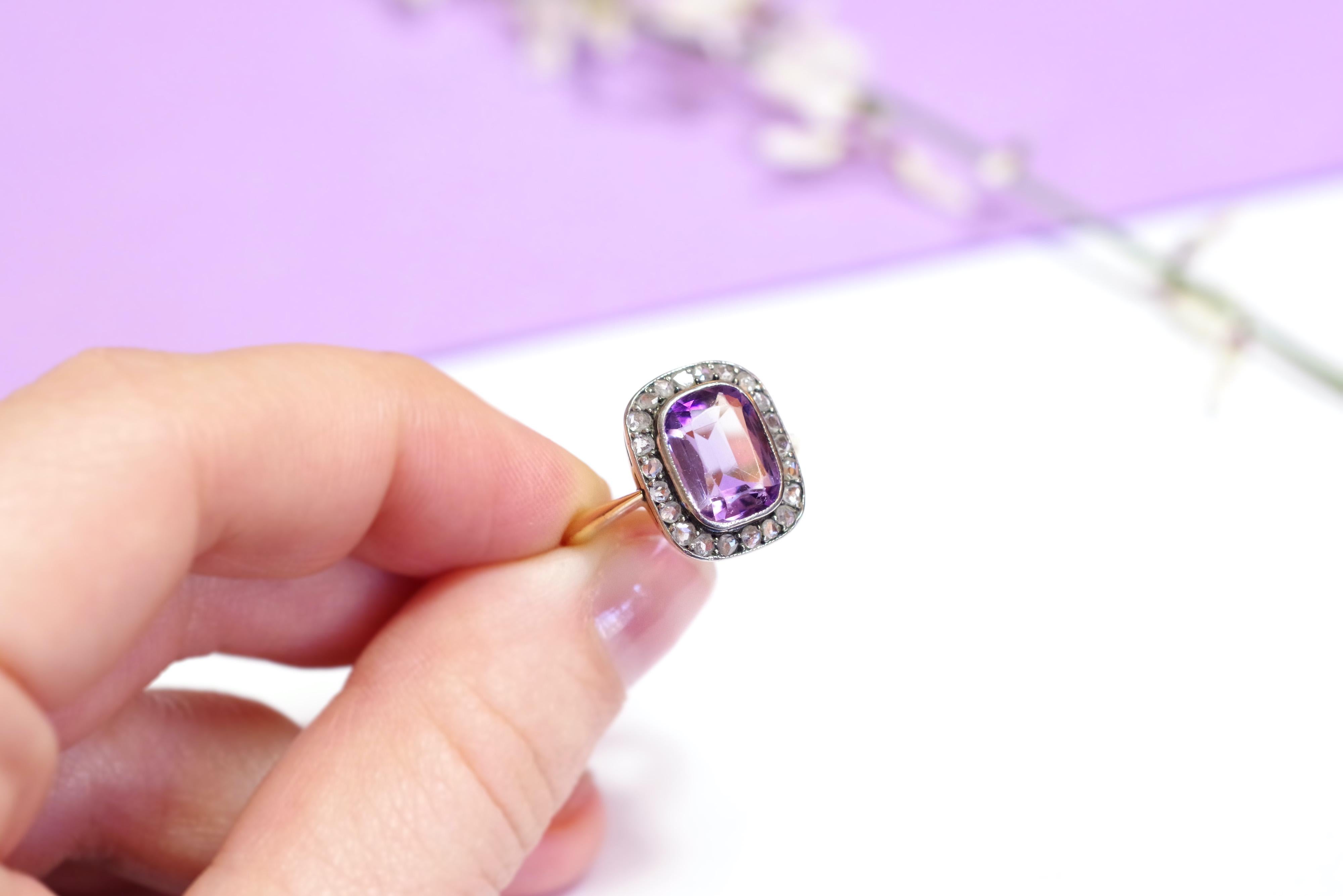 Victorian Amethyst Rose-Cut Diamond Ring, 18 Karat Yellow Gold and Silver In Fair Condition For Sale In PARIS, FR