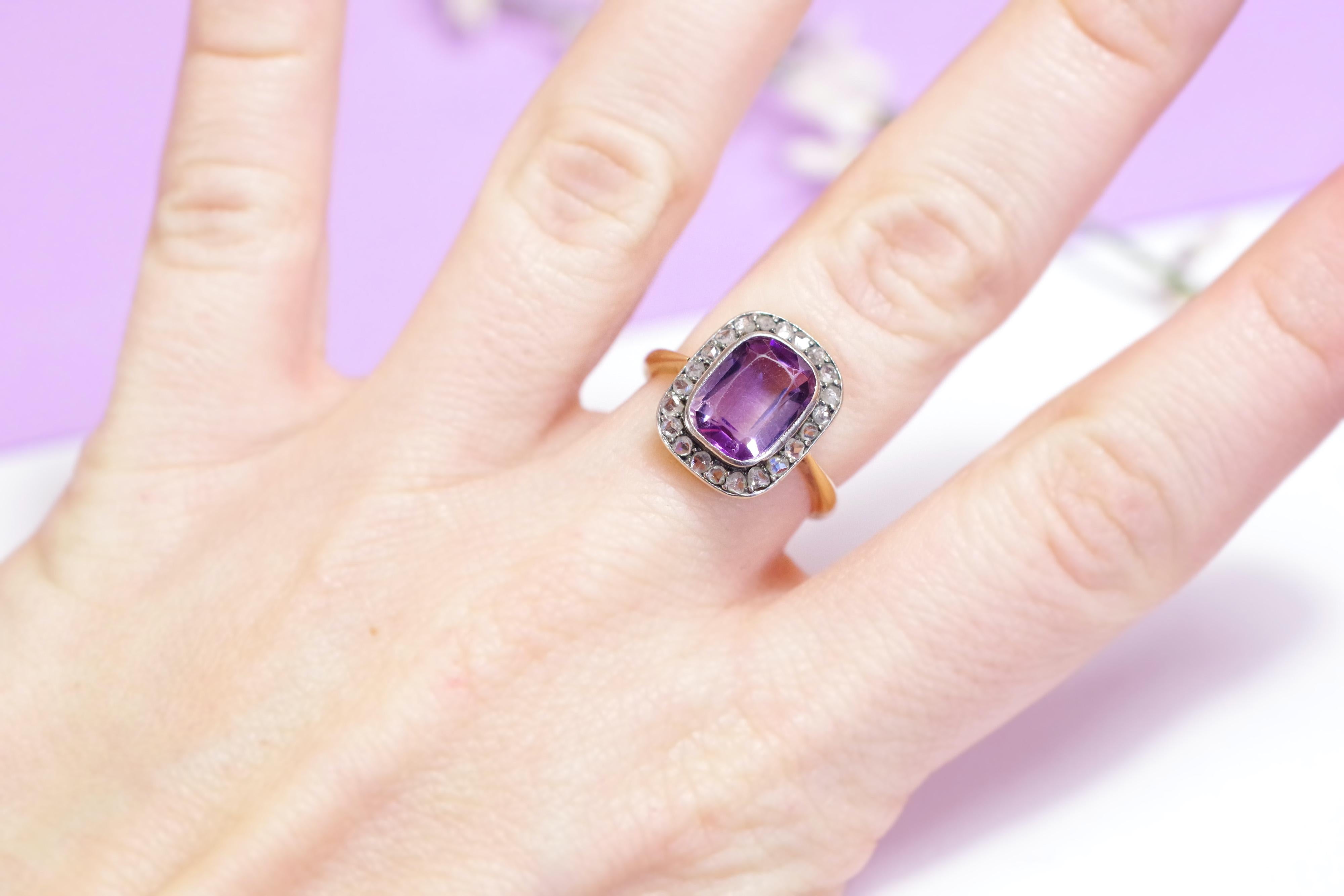 Viktorianischer Diamantring aus 18 Karat Gelbgold und Silber mit Amethyst im Rosenschliff im Angebot 2