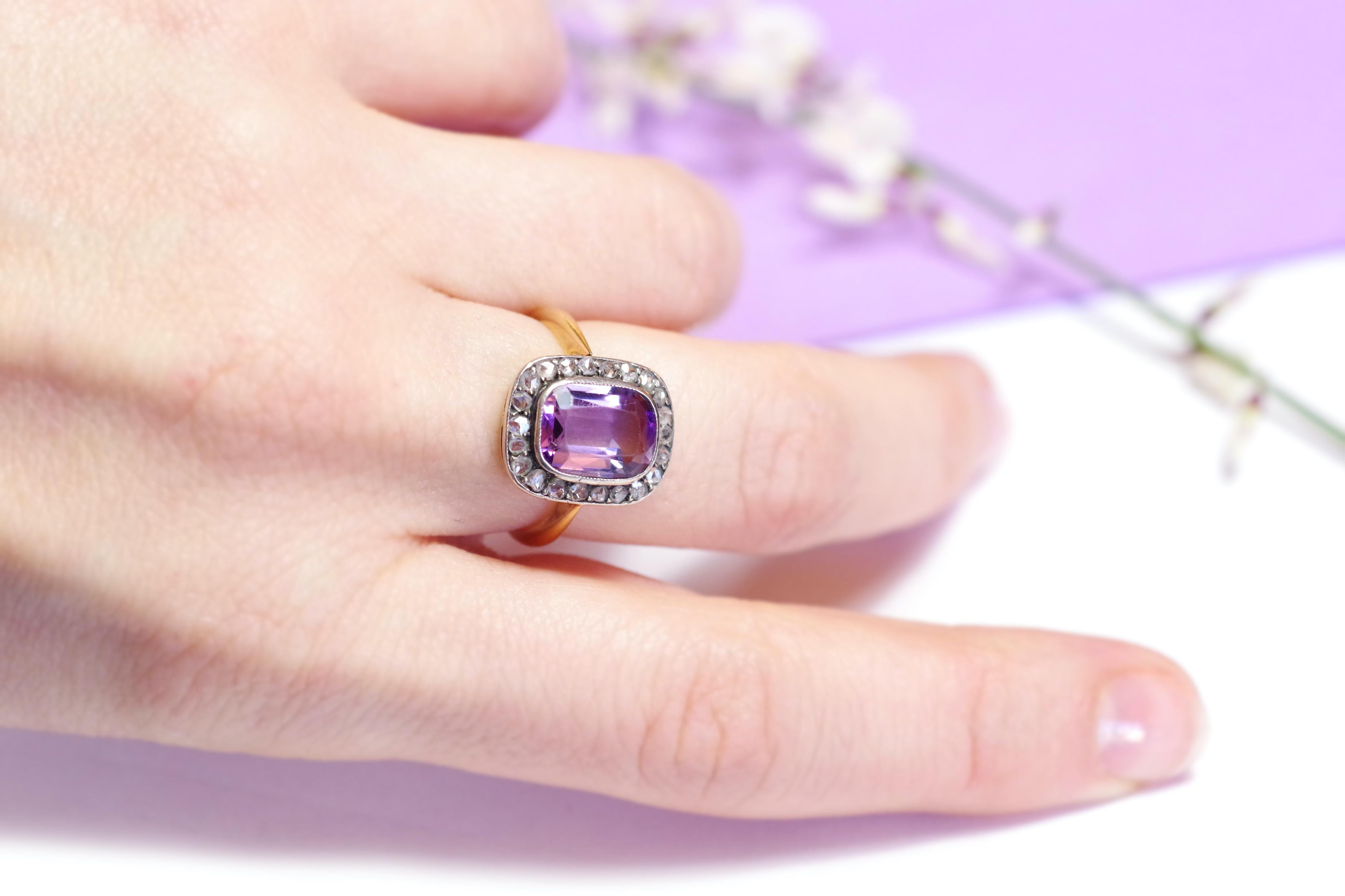 Victorian Amethyst Rose-Cut Diamond Ring, 18 Karat Yellow Gold and Silver For Sale 1