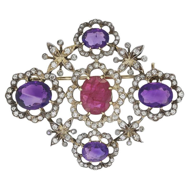 Victorian Amethyst, Ruby and Old Cut Diamond Brooch