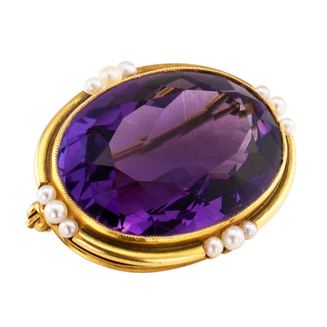 Late Victorian Victorian Amethyst Seed Pearl Gold Brooch