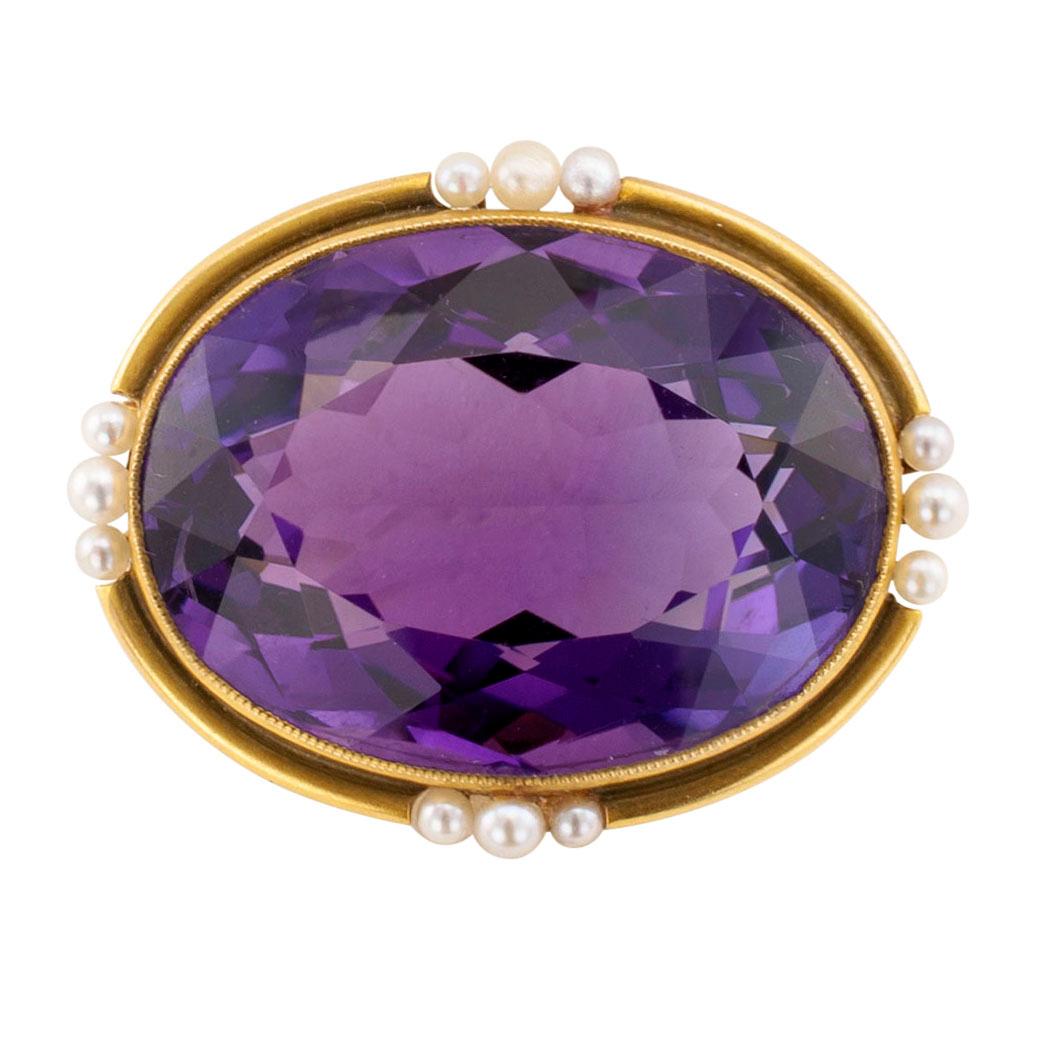 Victorian Amethyst Seed Pearl Gold Brooch In Good Condition In Los Angeles, CA