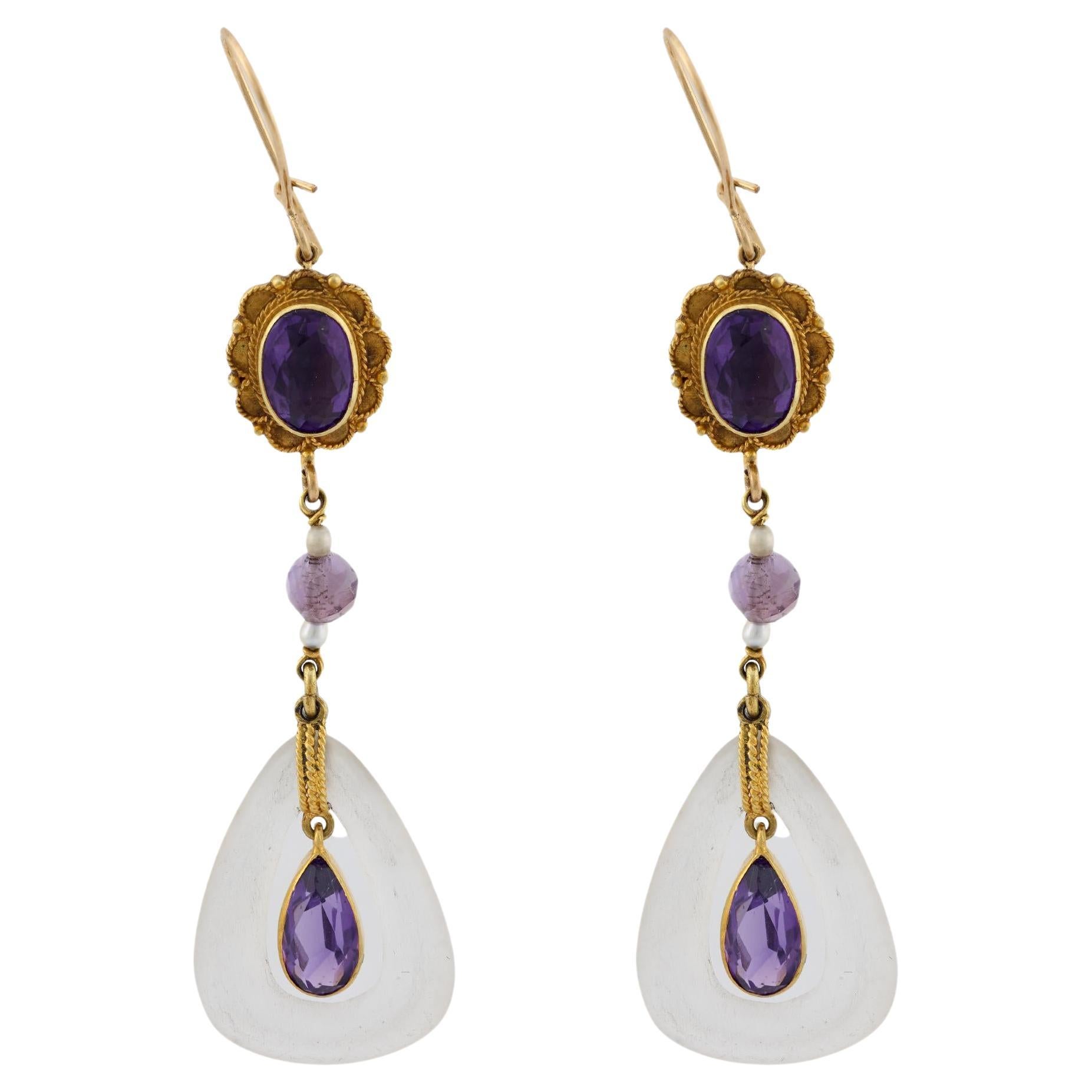 Pendientes victorianos de amatista perla de roca cristal de 18 quilates de oro amarillo
