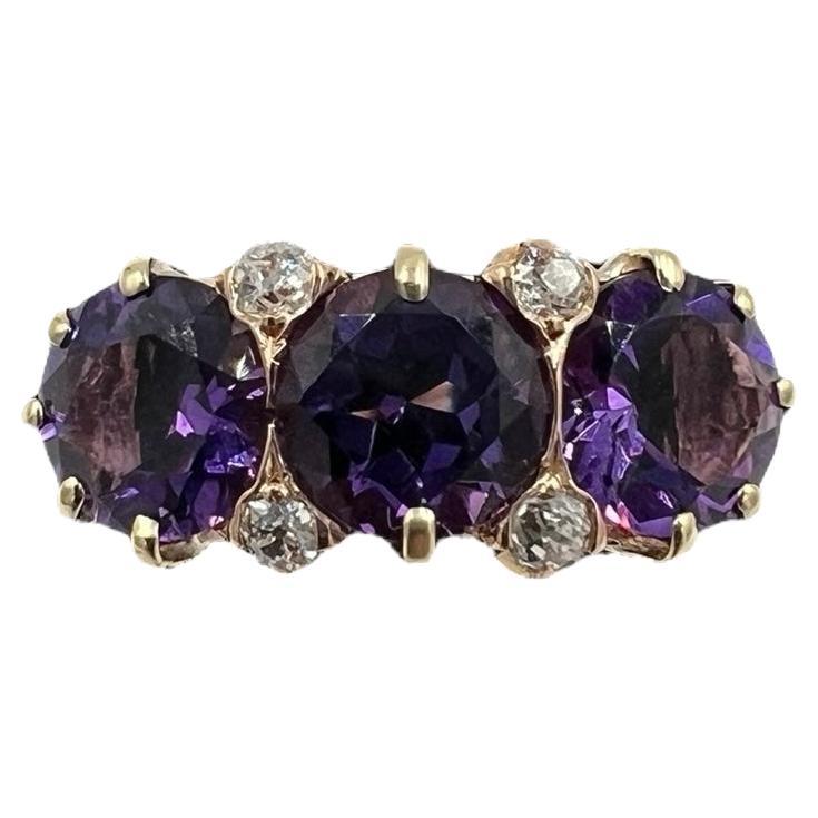 Victorian Amethyst Three Stone And Diamond Gold Ring