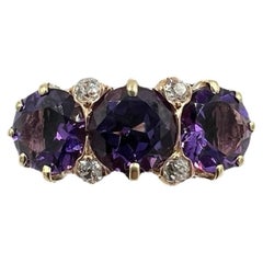 Victorian Amethyst Three Stone And Diamond Gold Ring
