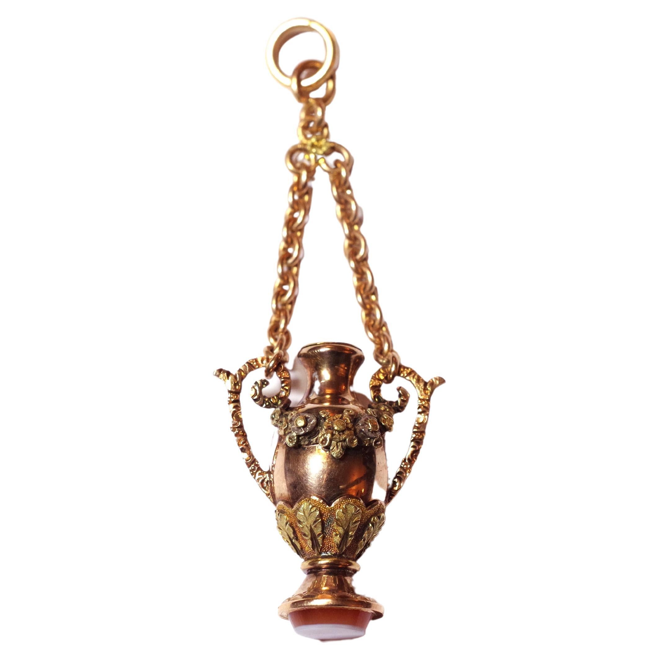 Victorian Amphora Bottle Pendant in Yellow, Pink and Green Gold 18 Karats For Sale