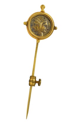 Victorian Ancient Carthaginian Zeus Coin 18 Karat Yellow Gold Antique Stickpin