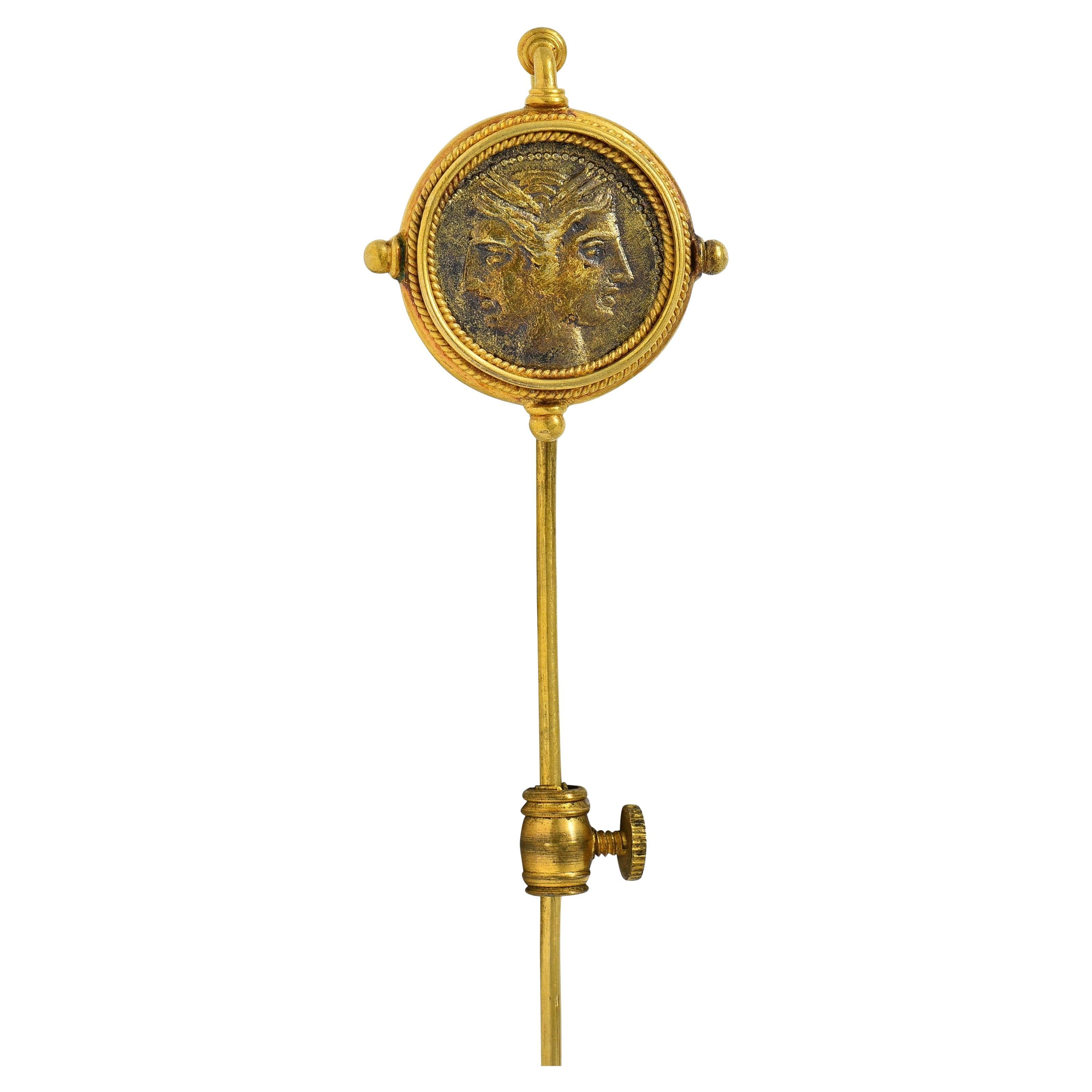 Victorian Ancient Carthaginian Zeus Coin 18 Karat Yellow Gold Antique Stickpin