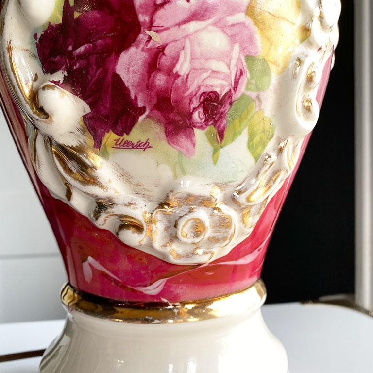 Mid-20th Century Victorian and Art Deco Style Ceramic Pink Floral Urn Lamp by Ullrich 1940s