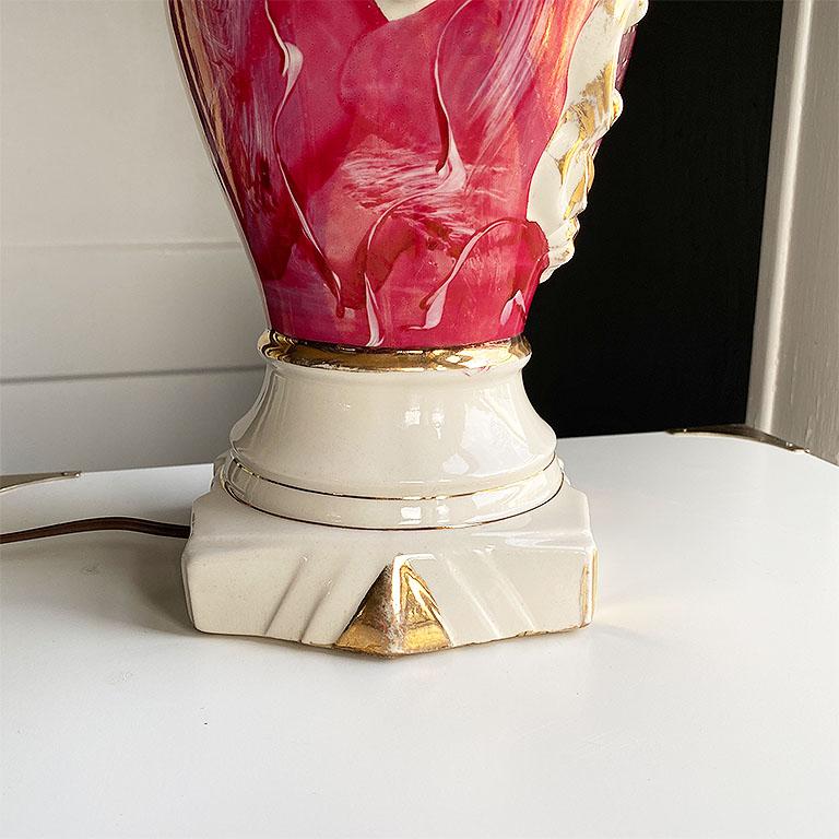 Metal Victorian and Art Deco Style Ceramic Pink Floral Urn Lamp by Ullrich 1940s