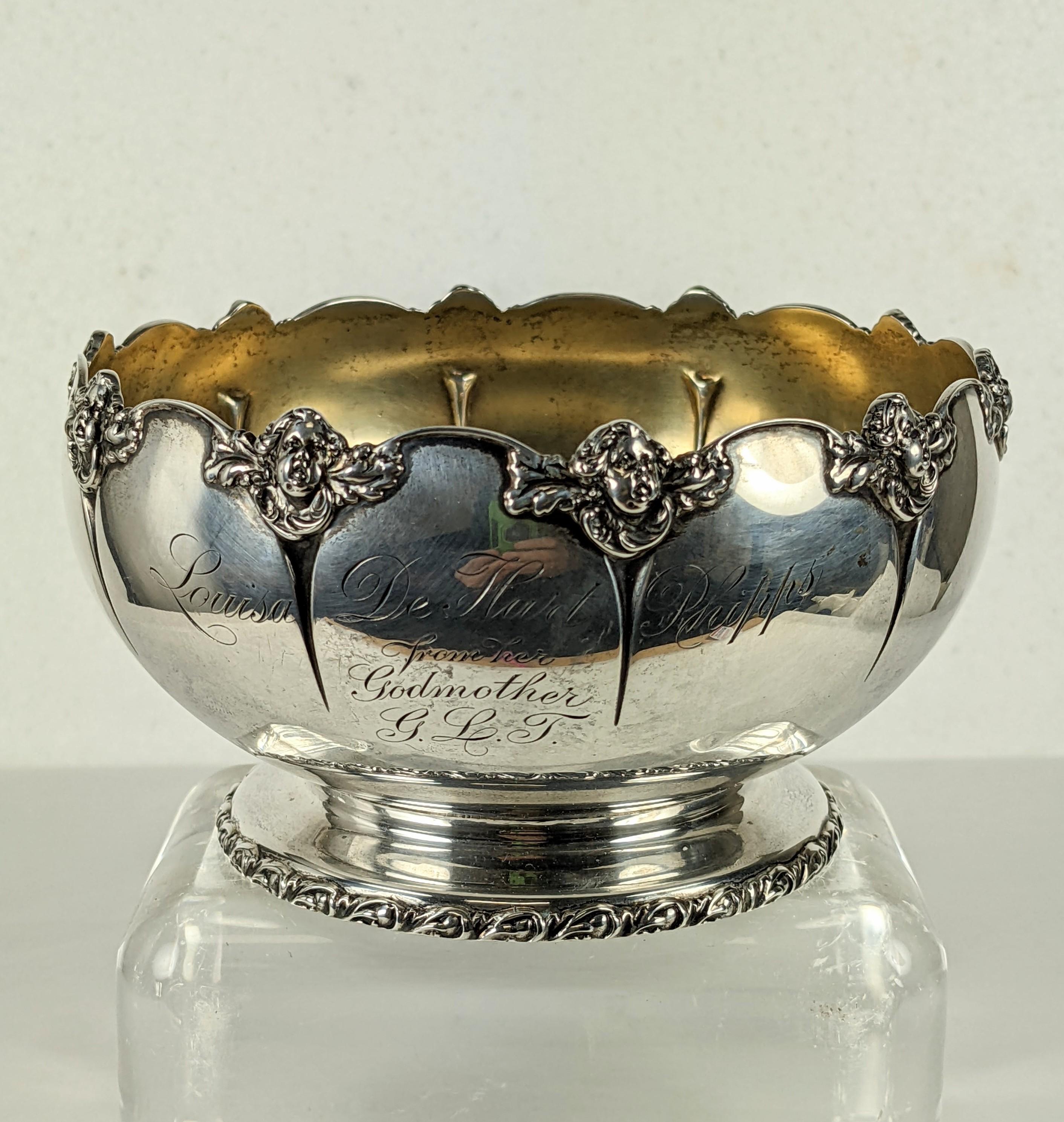 Charming angel adorned bowl by Gorham Manufacturing Co. circa 1870's-80's, perfect for candy or pot pourri. 
This bowl was inscribed to Louisa De Hart Phipps who resided in Mo. and passed away at only 33 years old in 1881. It was given to her by