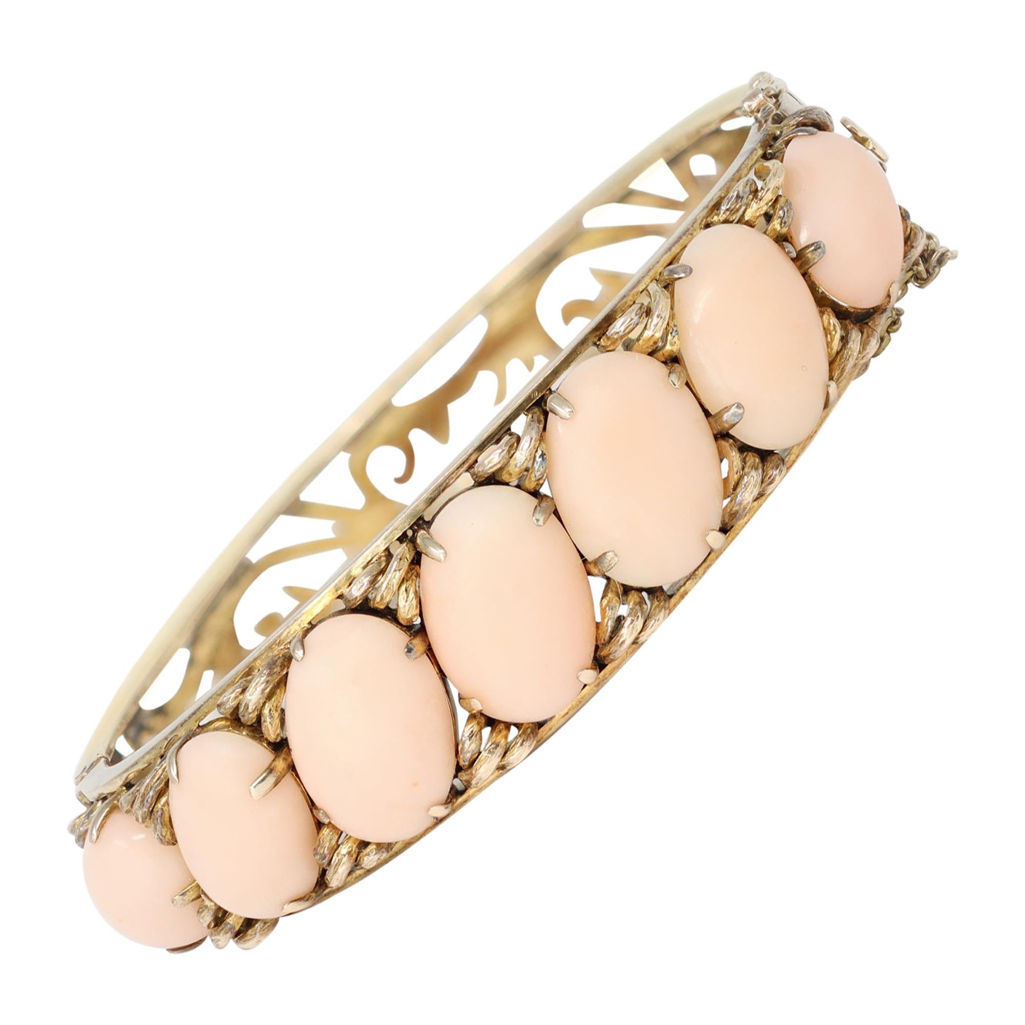 Victorian Angel Skin Coral Cabochon Bangle Bracelet in 14k