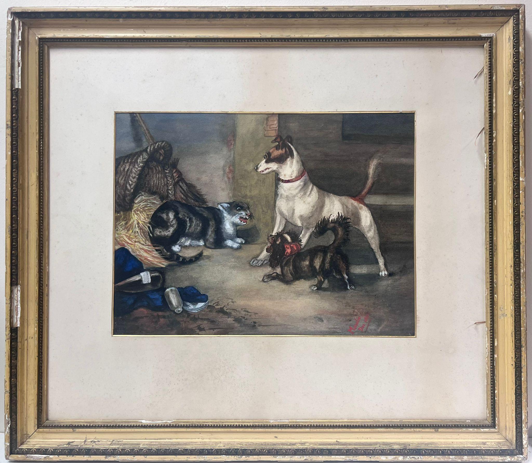 Antico dipinto inglese firmato Cani e gatti che combattono in un fienile interno alla stalla - Painting di Victorian Animal Artist