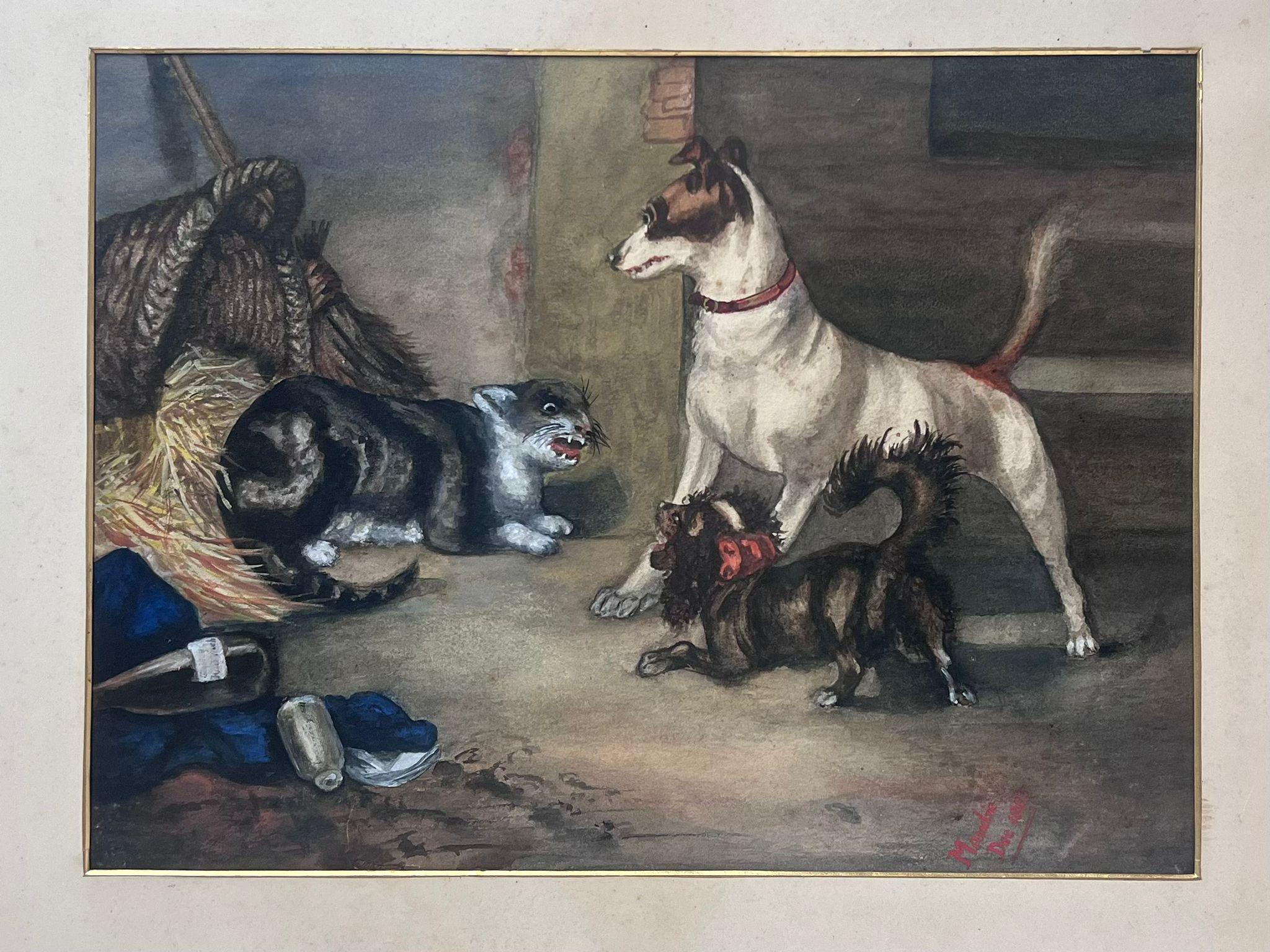 Victorian Animal Artist Animal Painting - Antique Signed English Painting Dogs & Cat Fighting in Barn Stable Interior