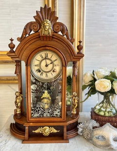 Victorian Ansonia Company Antique 1800s Walnut Brass Mantel  Pendulum Clock